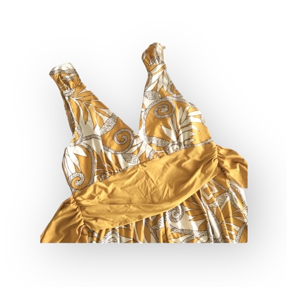 Come Como ❁ Printed Plunging V Neck Tunic Cami Tank ❁ Goldenrod + Ivory ❁ Large - Picture 5 of 16